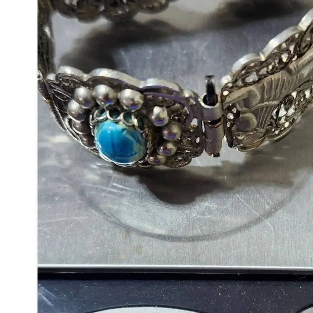 Vintage Egyption 800 Silver Faience Scarab Filagree Panel Bracelet